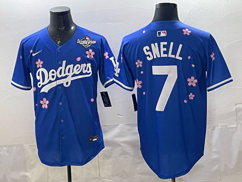 Men Nike 2026 Los Angeles Dodgers #7 Snell Blue Sakura Edition Game MLB Jersey 006